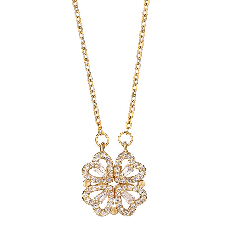 Novel and noble four-leaf clover hollow diamond-set necklace with two-wear design