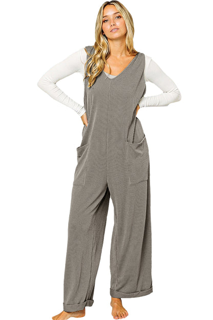 Dark Grey Pockets Oversized Ribbed Wide Leg Jumpsuit