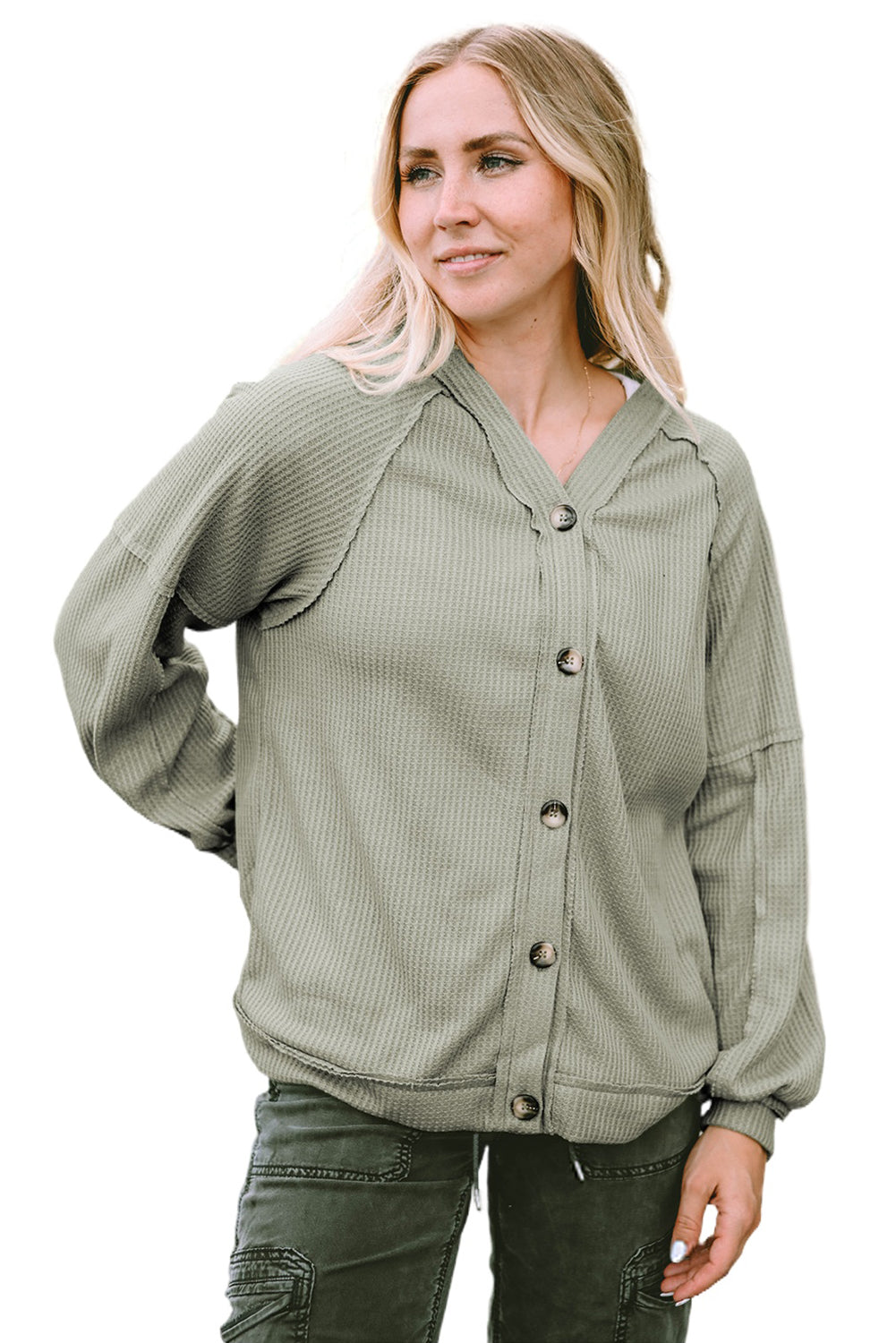 Green Exposed Seam Buttons Front Waffle Knit Cardigan