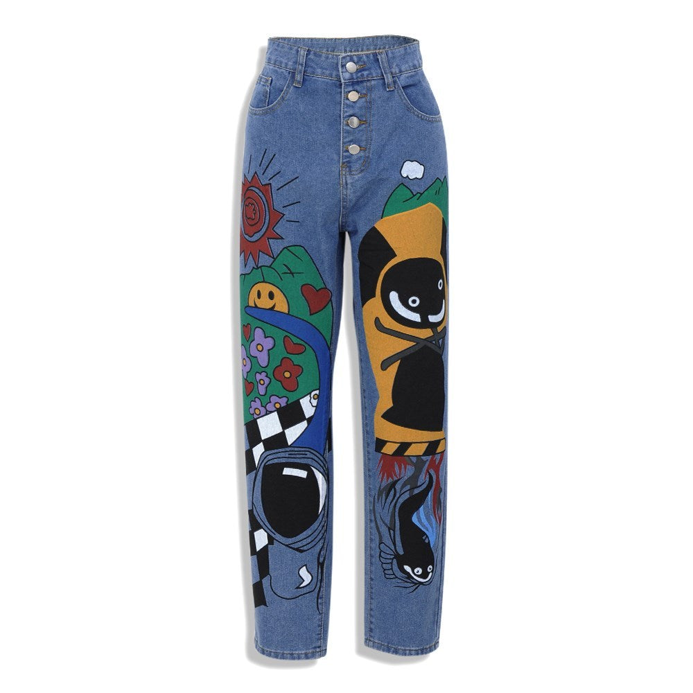 Womens Cartoon Printed Jeans Harem Pants Trousers For Women