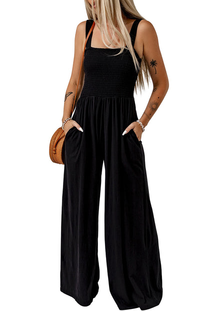 Black Casual Smocked Sleeveless Wide Leg Jumpsuit With Pockets