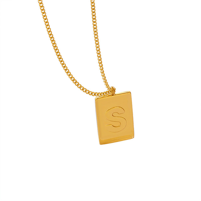 18K gold noble and simple square plate with letter "S" design versatile pendant necklace