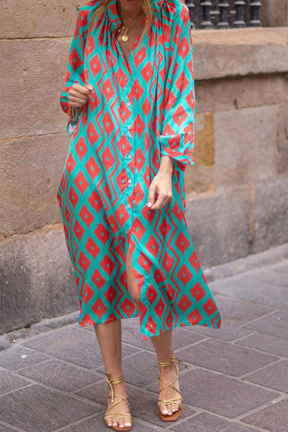 Sky Blue Geometric Print Split Neck Loose Shirt Dress