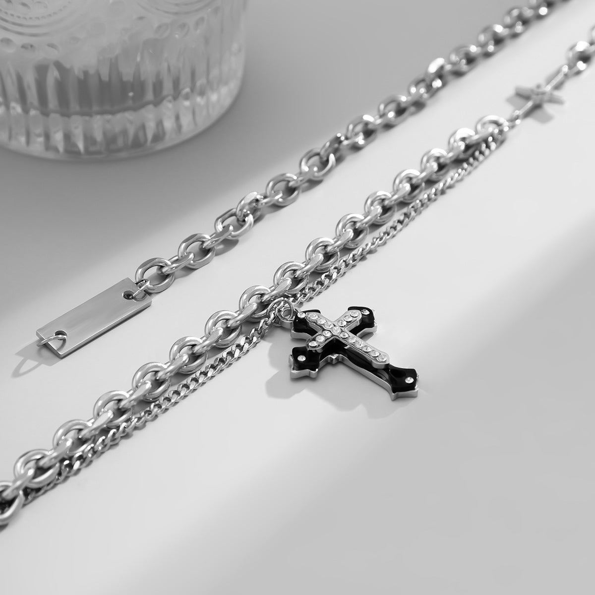 Fashion Double Diamond Cross Hip Hop Pendant Necklace