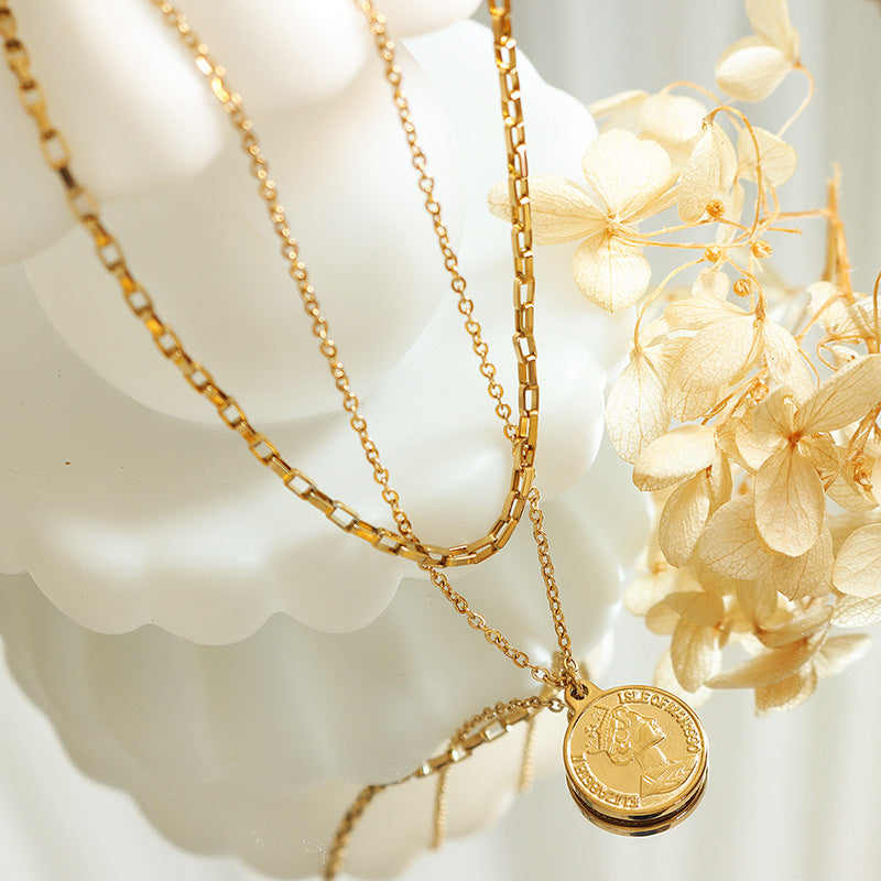 18K Gold Light Luxury Exquisite Coin Double Layer Design Necklace