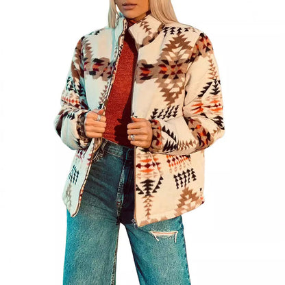 Western Geometric Print Women's Jacket Thickening Thermal Stand Collar Coat