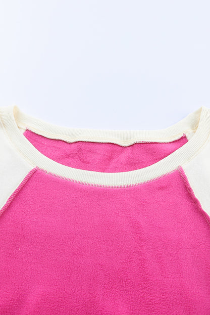 Rose Colorblock Long Sleeve Pullover Fleece Sweatshirt