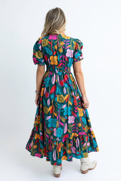 Robe longue à imprimé floral fendue à col en V et manches bouffantes vert