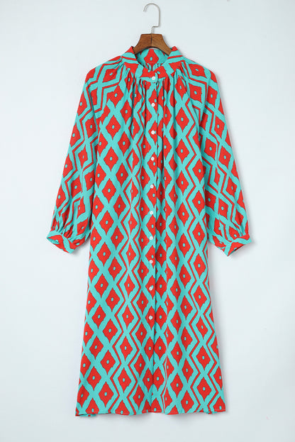 Sky Blue Geometric Print Split Neck Loose Shirt Dress