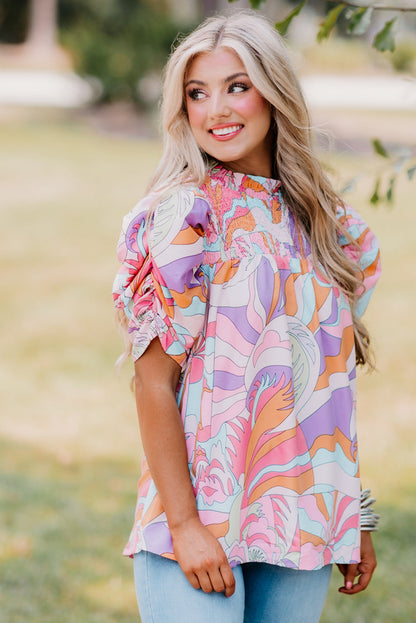 Pink Abstract Print Smocked Bubble Sleeve Blouse