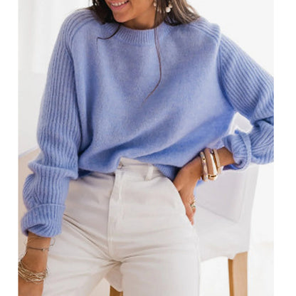 Pull en velours côtelé Bedford bleu lait européen pour femme, col rond, manches longues, tricot, vêtements décontractés pour femmes, haut en tricot à la mode, vêtements d'extérieur