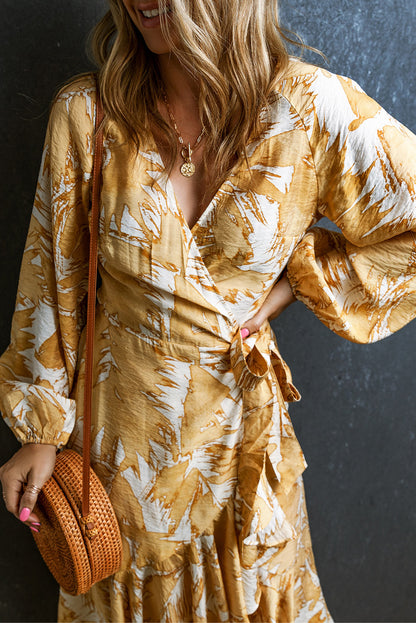 Yellow Long Sleeve Boho Flounce Hem Wrap Dress