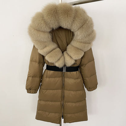 Manteau long à capuche et col en fourrure de renard véritable pour femme