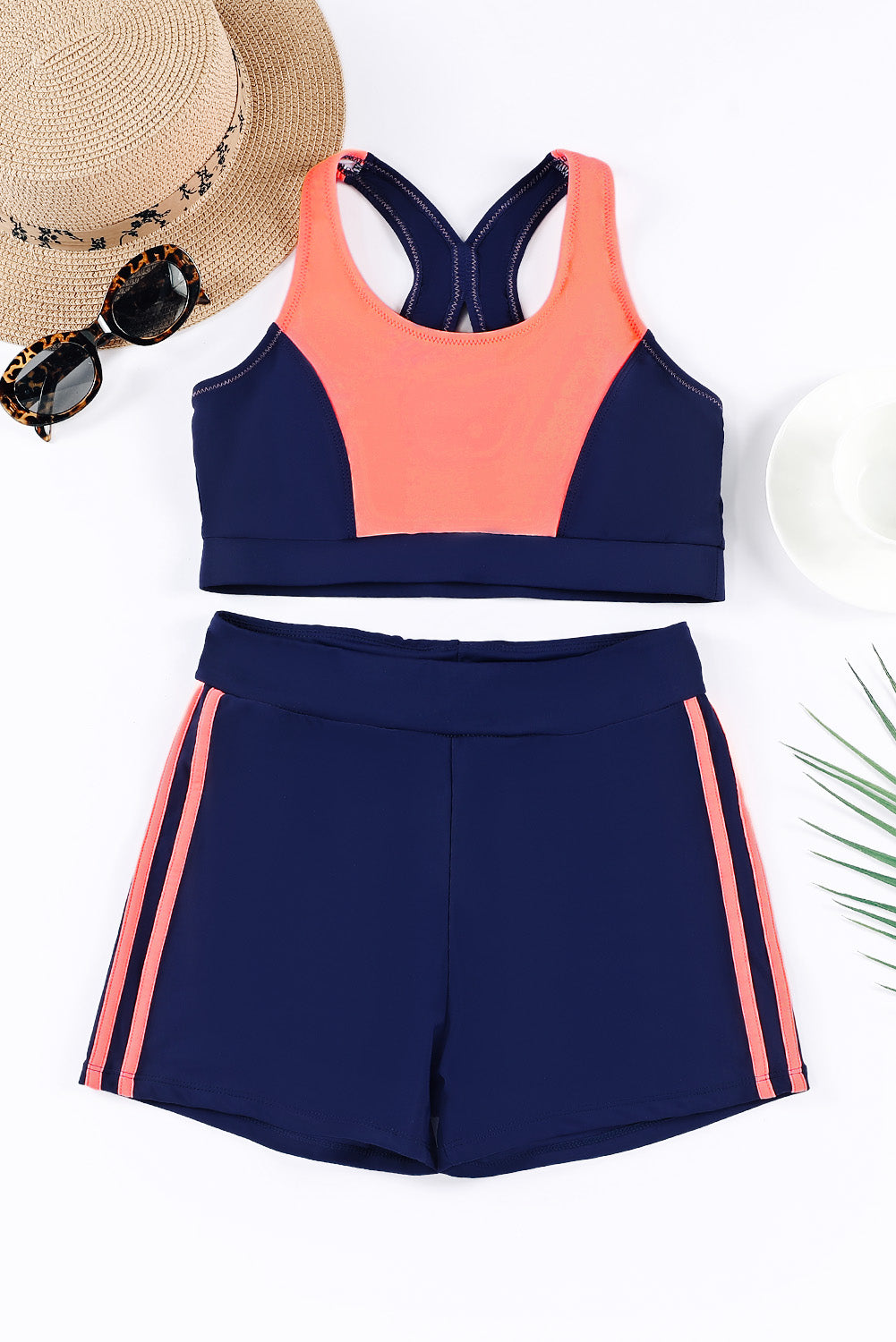 Pink Color Block Criss Cross High Waist Bikini Swimsuit