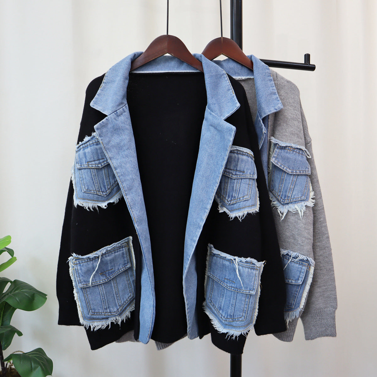 Denim Stitching Sweater Coat For Women