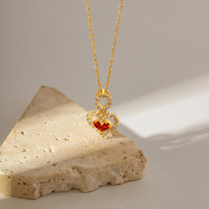 18K Gold Exquisite and Noble Inlaid Red and White Zircon Water Drop Love Design Pendant Necklace