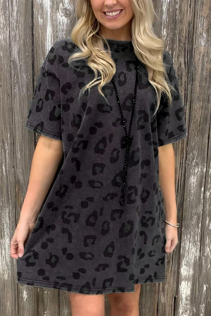 Gray Short Sleeve Casual Leopard Print Dress With Pockets