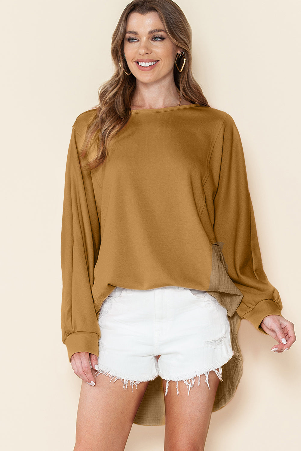 Khaki Crinkled Patchwork Raw Hem Oversized Blouse