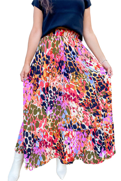 White Abstract Print Ruffled High Waist Maxi Skirt