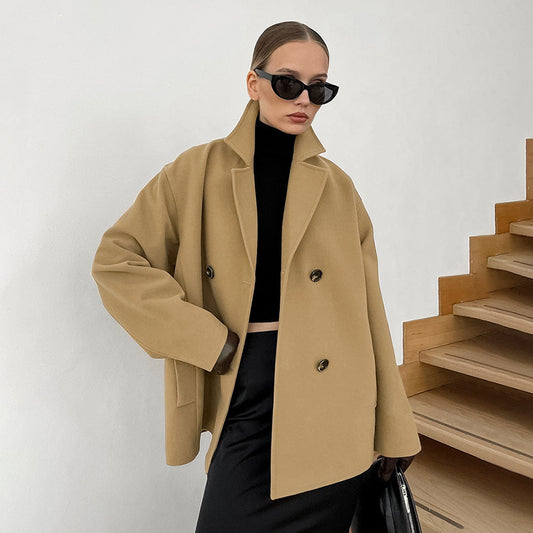 Autumn And Winter Elegant Woolen Overcoat Mid-length Loose Thick Brown Double-breasted Woolen Coat