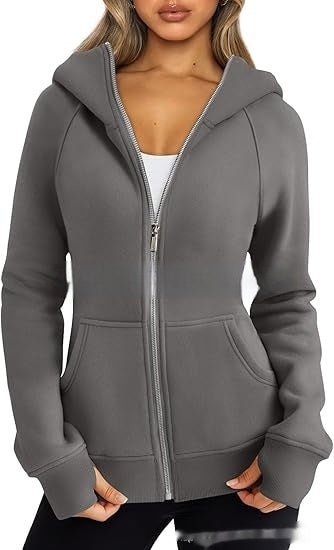 Women's Zipper Short Hood Fleece Lined Solid Color Hoodie Sweater