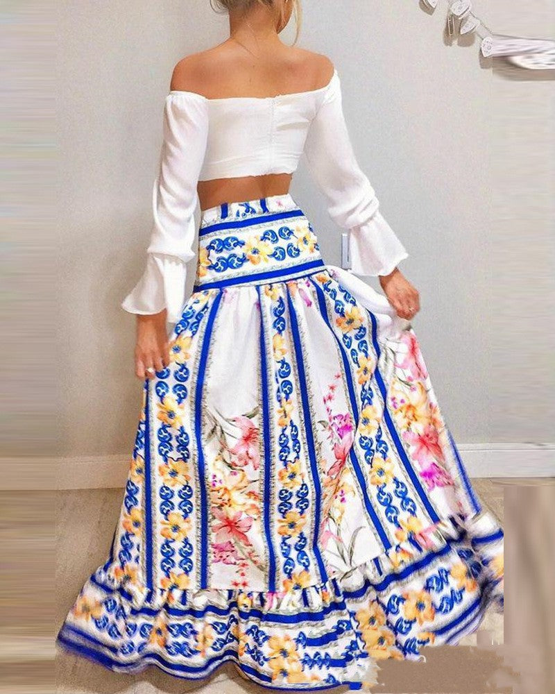 V-neck Short Flare Sleeve Top Printed Large Hem Skirt