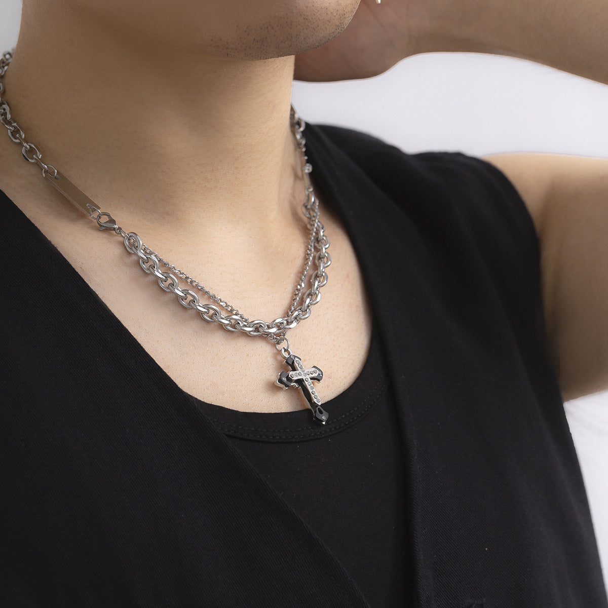 Fashion Double Diamond Cross Hip Hop Pendant Necklace