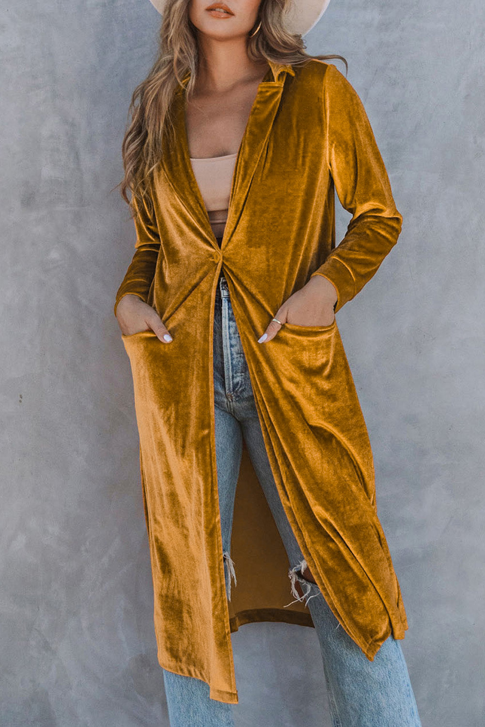 Brown Retro Velvet Long Sleeve Pocket Coat