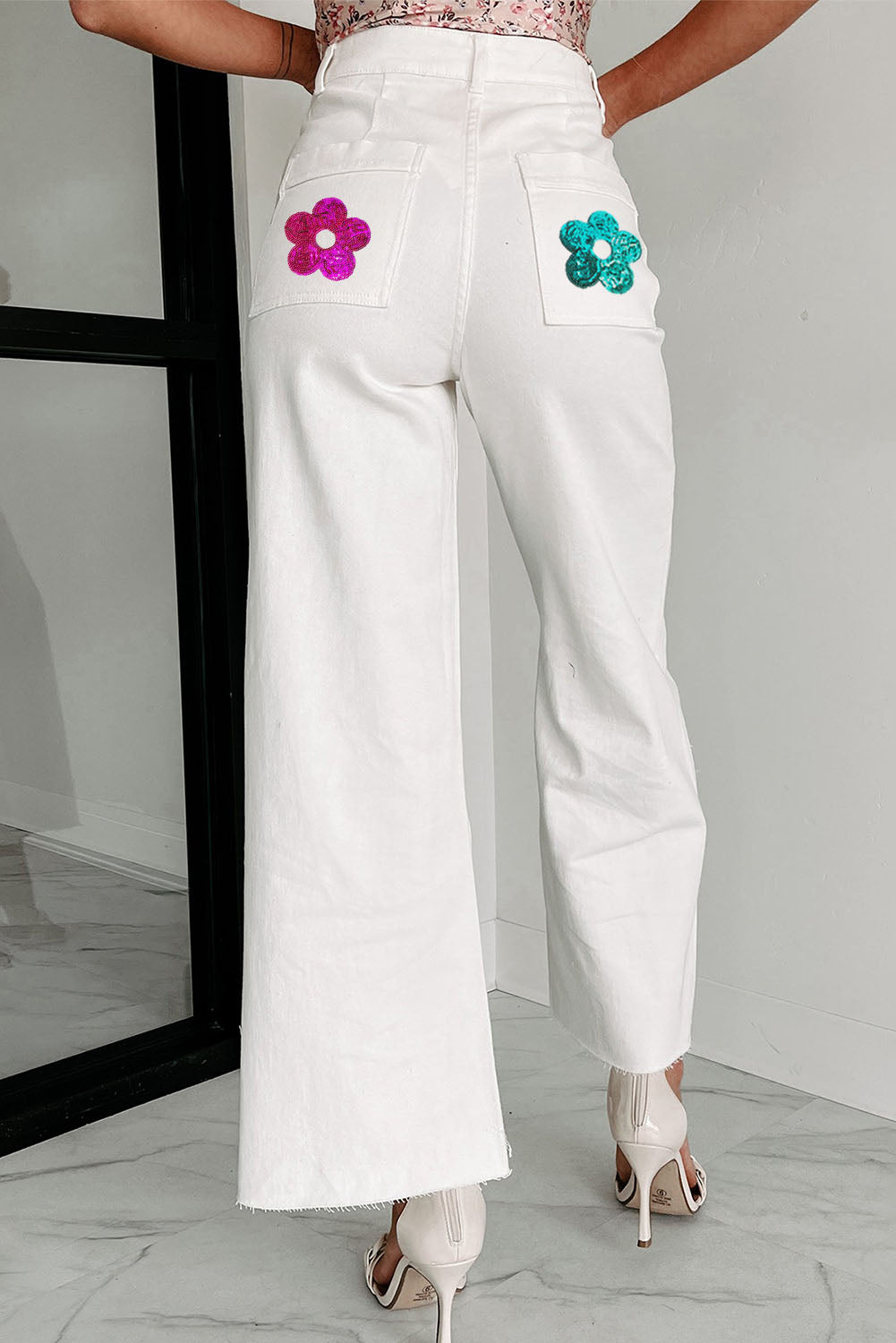 Wholesale White High Rise Colorful Sequin Flower Flare Graphic Jeans