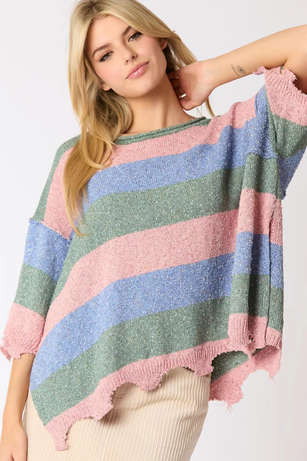 Pull tricoté à manches courtes et rayures multicolores pour femme