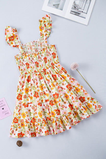 Mini-robe florale multicolore à volants et froncée, sans manches, taille haute