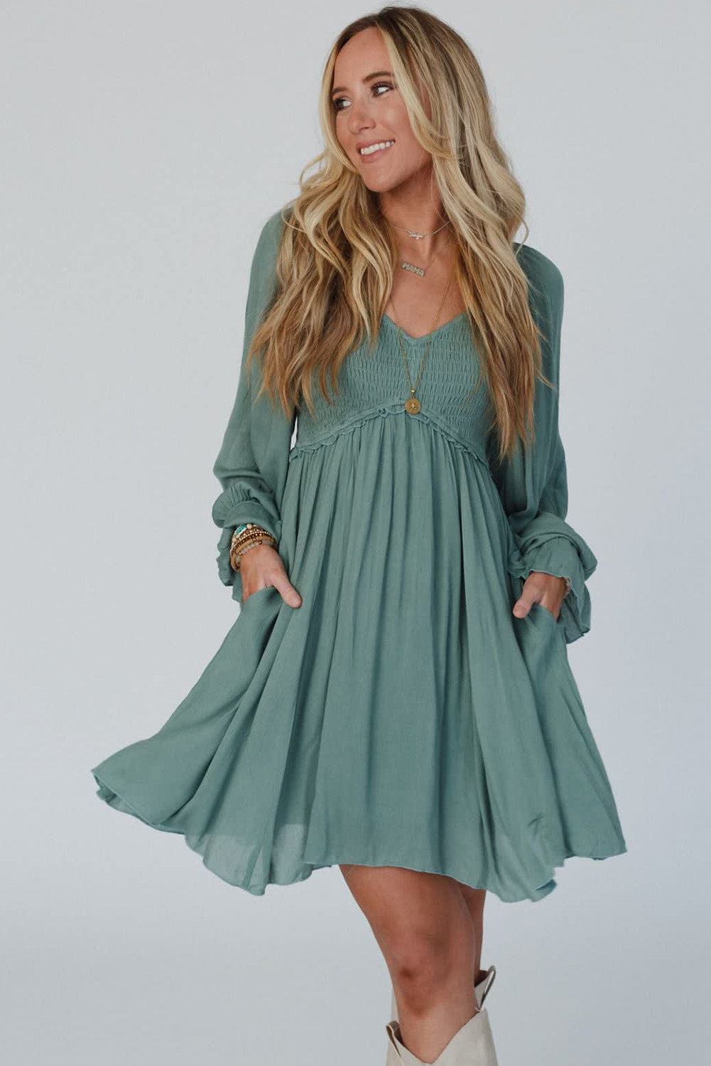 Mist Green Smocked Ruffled Bubble Sleeve Flowy Mini Dress