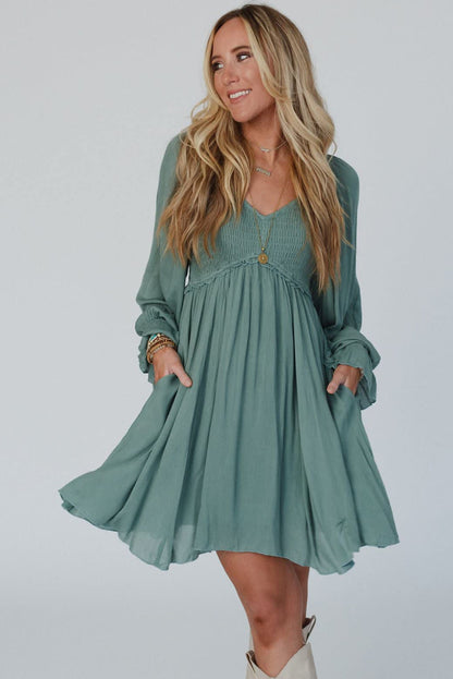 Mist Green Smocked Ruffled Bubble Sleeve Flowy Mini Dress