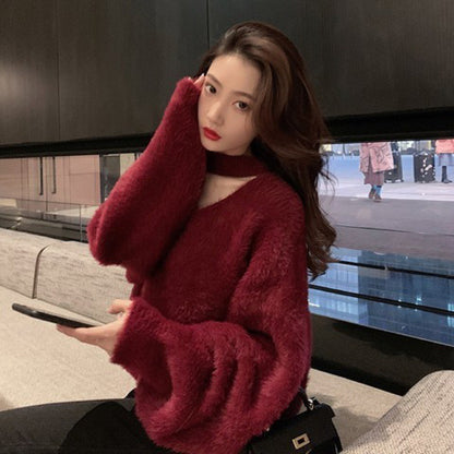 Autumn Winter Red Sweater For Women Loose Outer Wear