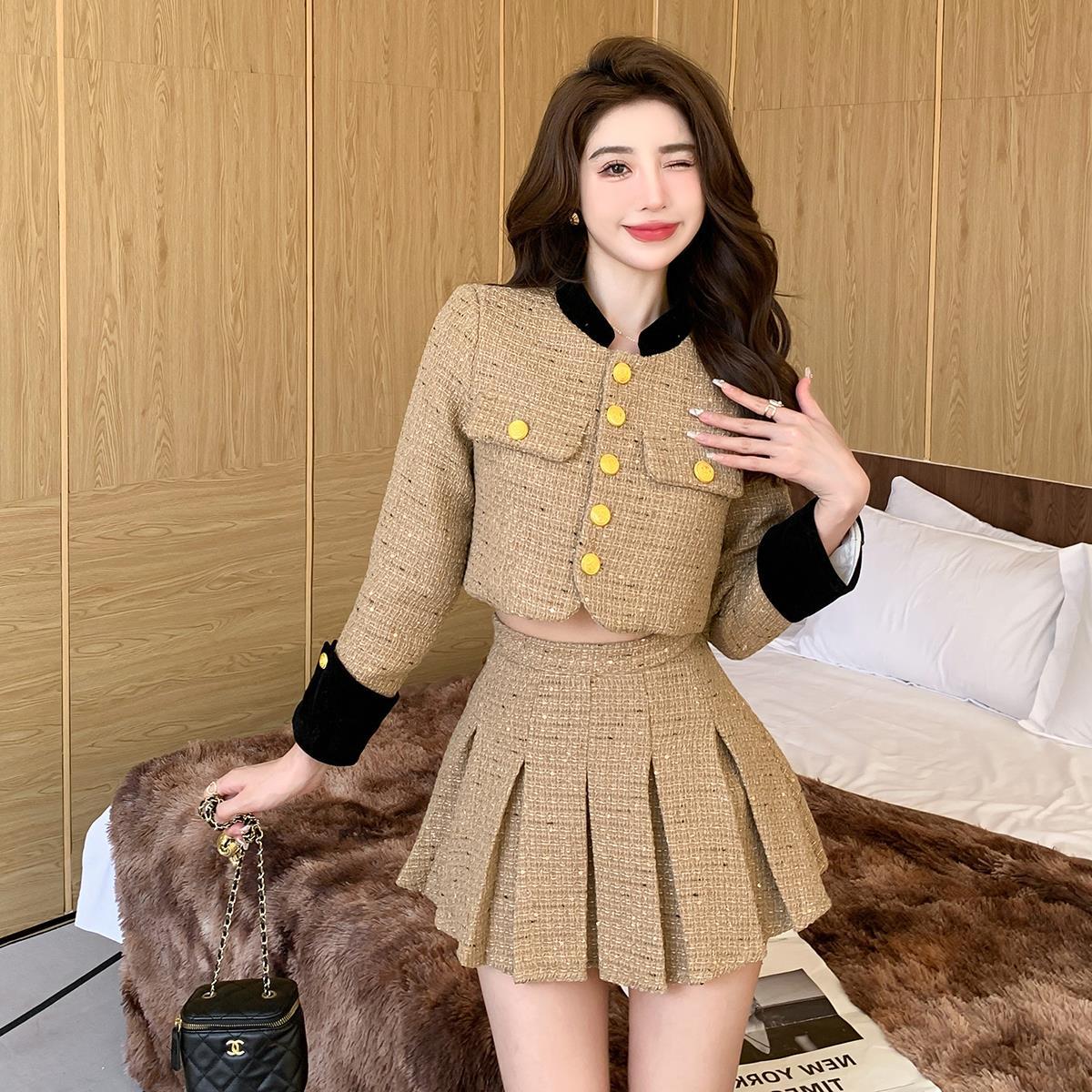 Single-breasted Thick Quilted Tweed Coat Set