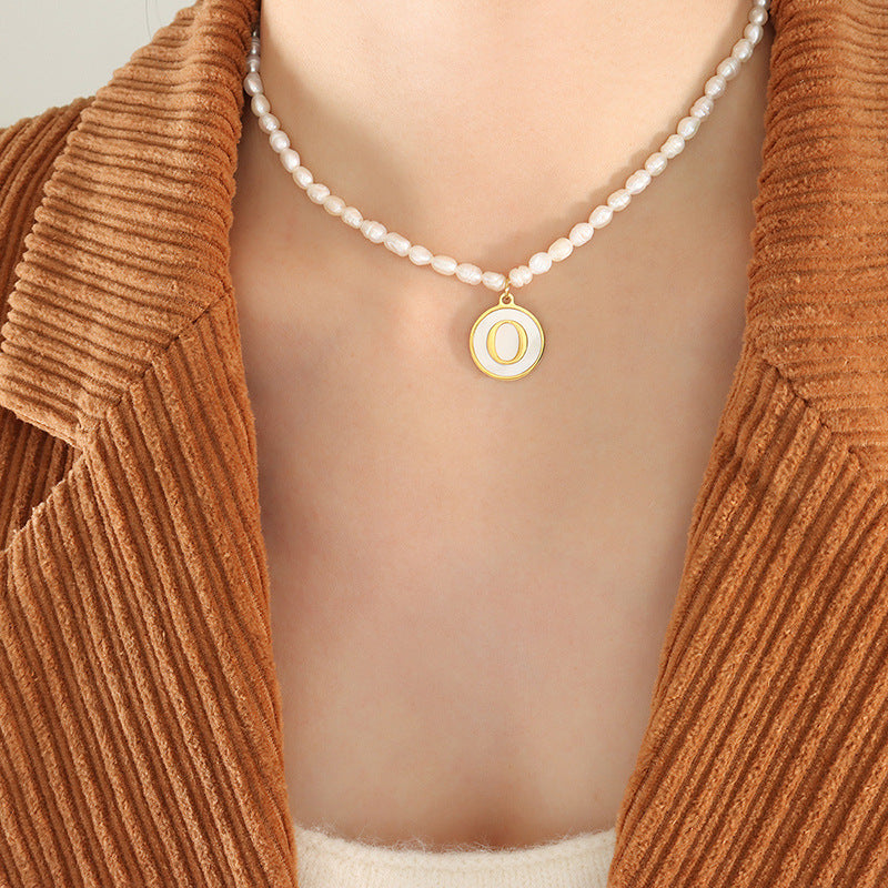 18K gold exquisite and noble pearl chain with round inlaid gemstones and 26 English letters design necklace