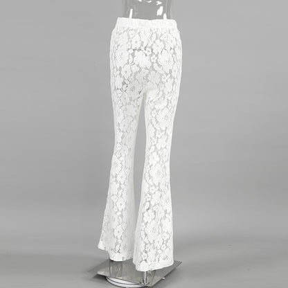 Pantalon évasé transparent en dentelle de coton blanc jacquard taille haute décontractée