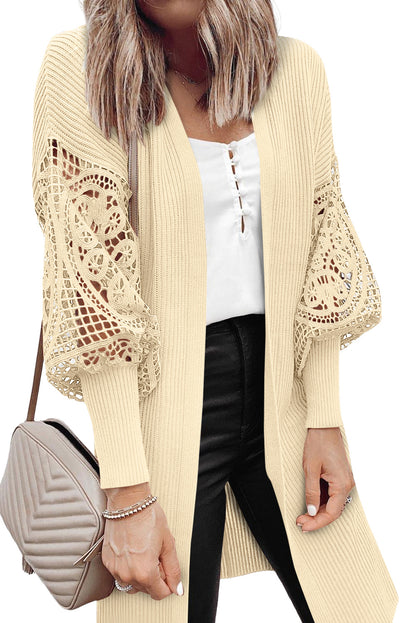 Black Crochet Lace Sleeve Ribbed Knit Cardigan