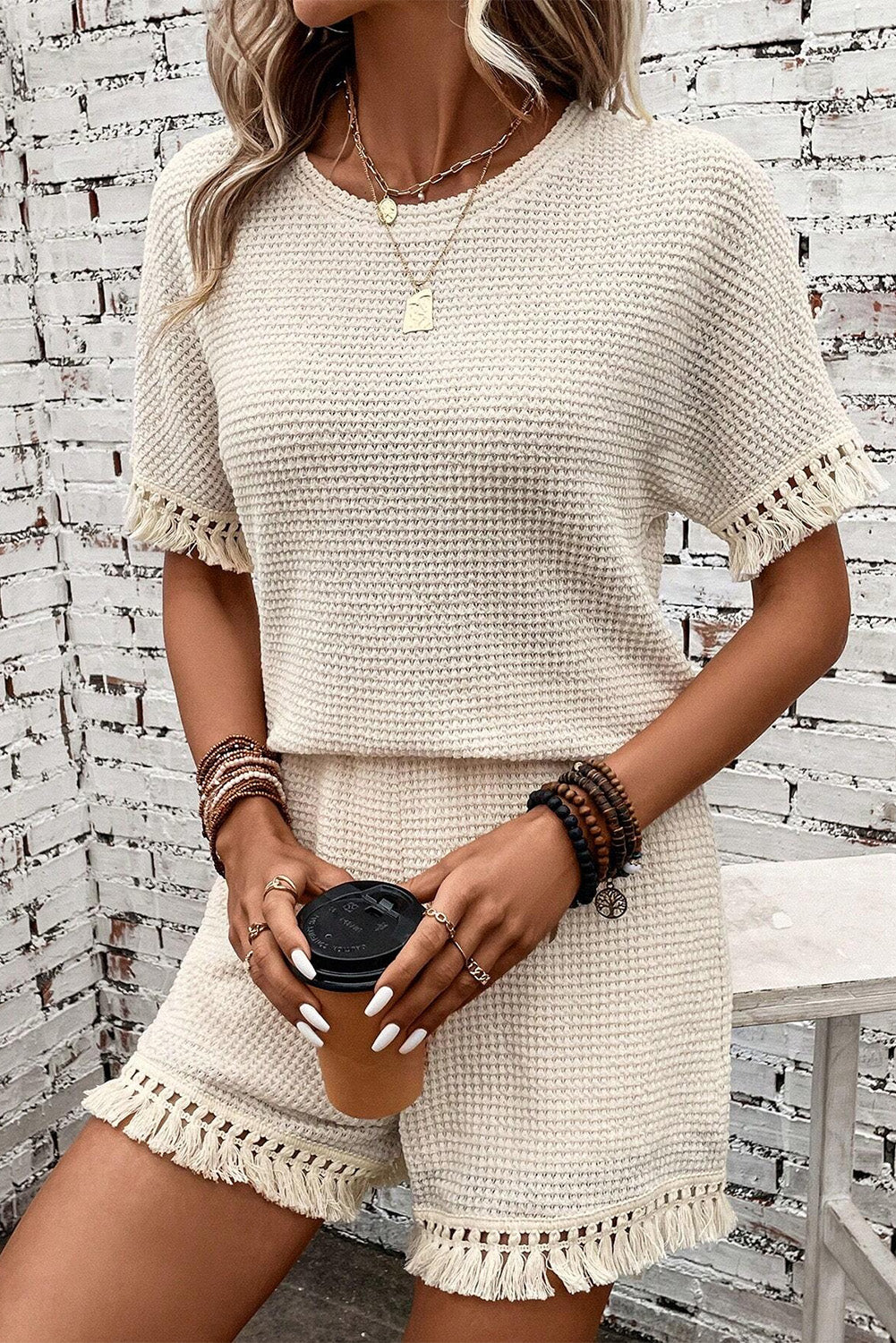 Beige Fringe Trim Waffle Knit Textured Shorts Set