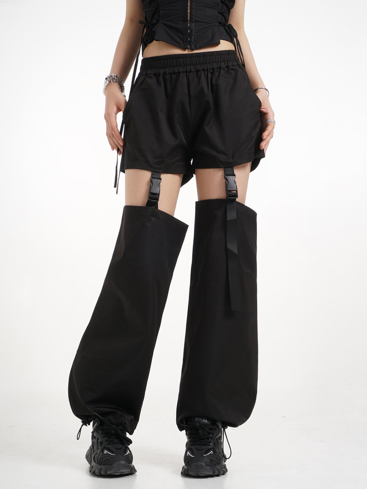 Black Thigh Hollowed Out Casual Women's Summer Detachable High Waisted Dance Pants With Holes