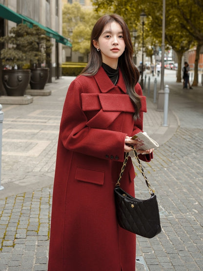 Manteau en laine rouge avec nœud papillon pour femme, nouveau manteau d'automne et d'hiver