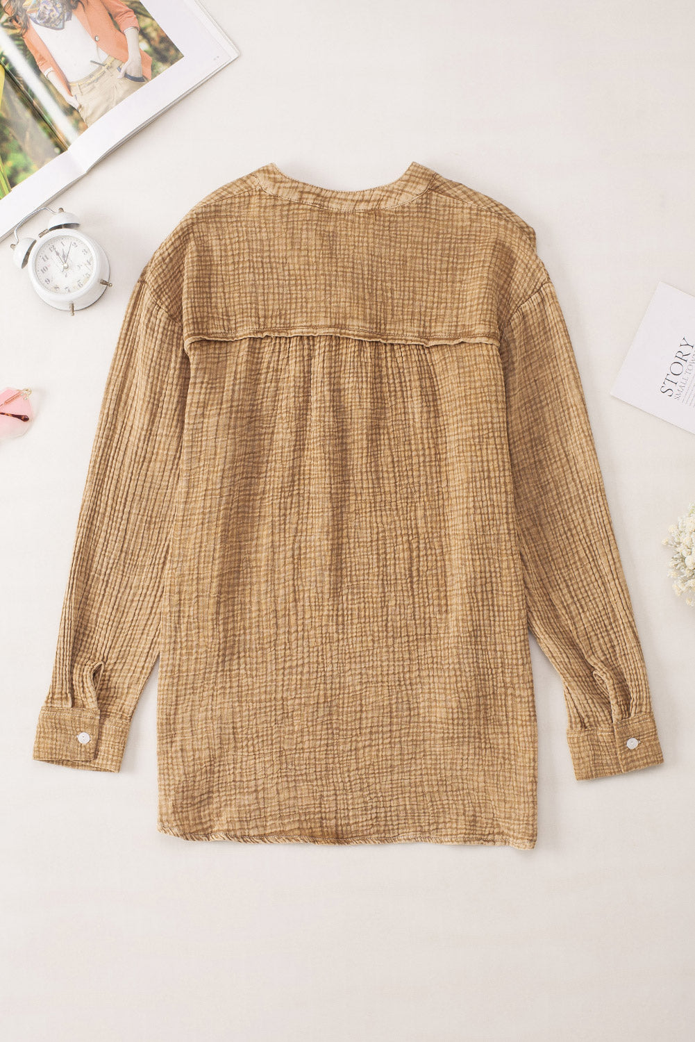 Brown Loose Crinkle Button V Neck Henley Top