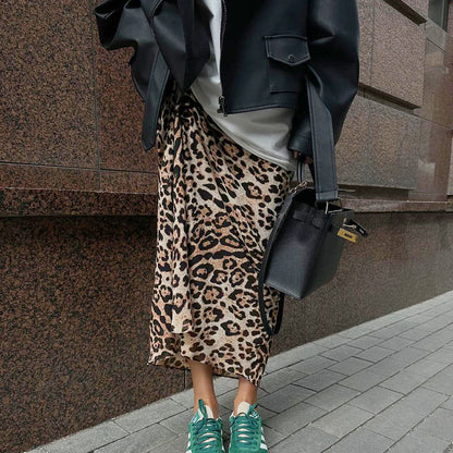 Fashion Brown Leopard Print A- Line Skirt European And American Street Drape