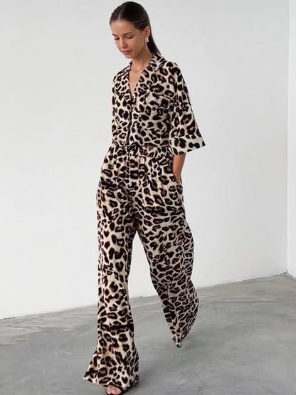 Women's Loose Leopard-print Shirt Wide-leg Pants Two-piece Set