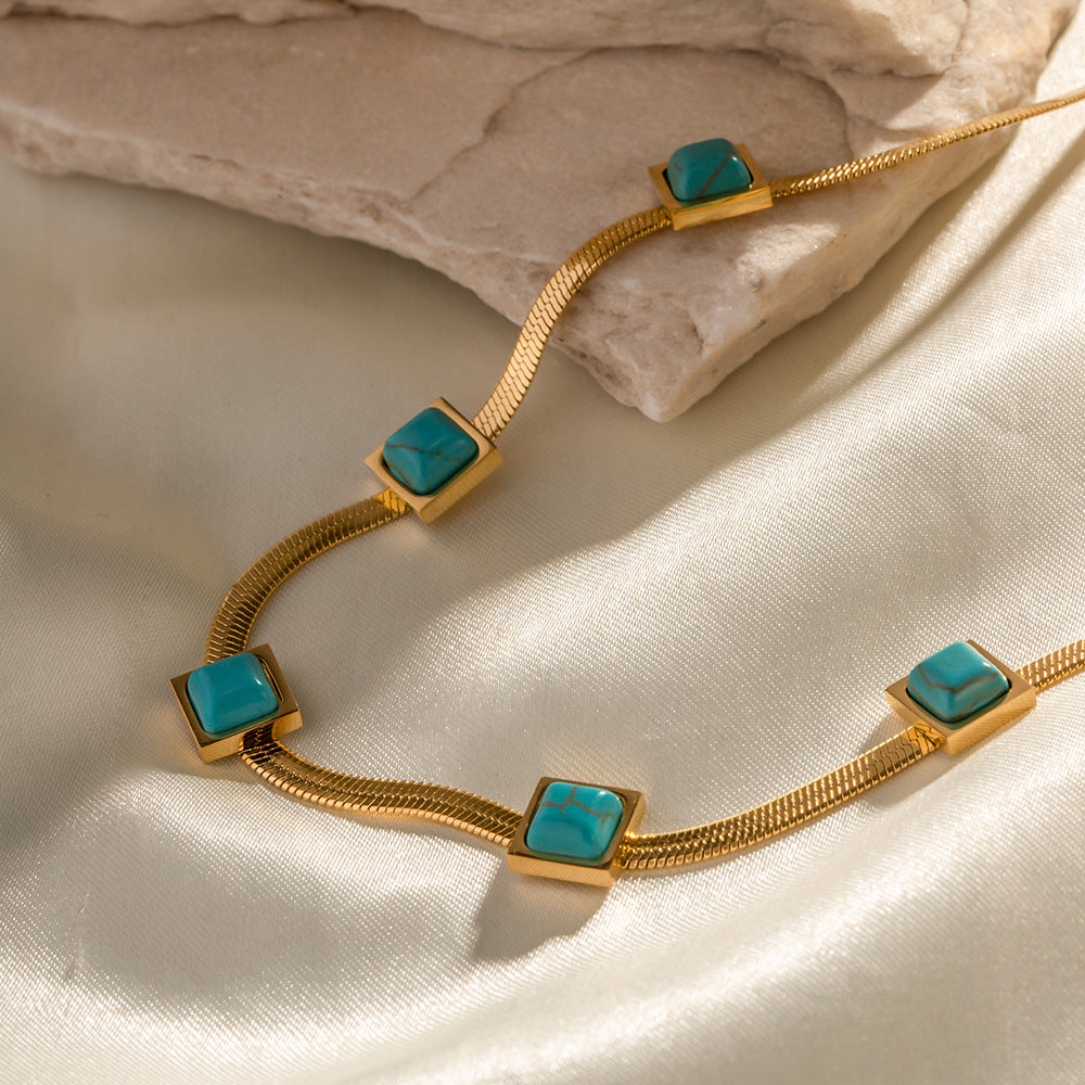 18K Gold Noble Fashion Matching Square Blue Malachite Versatile Necklace