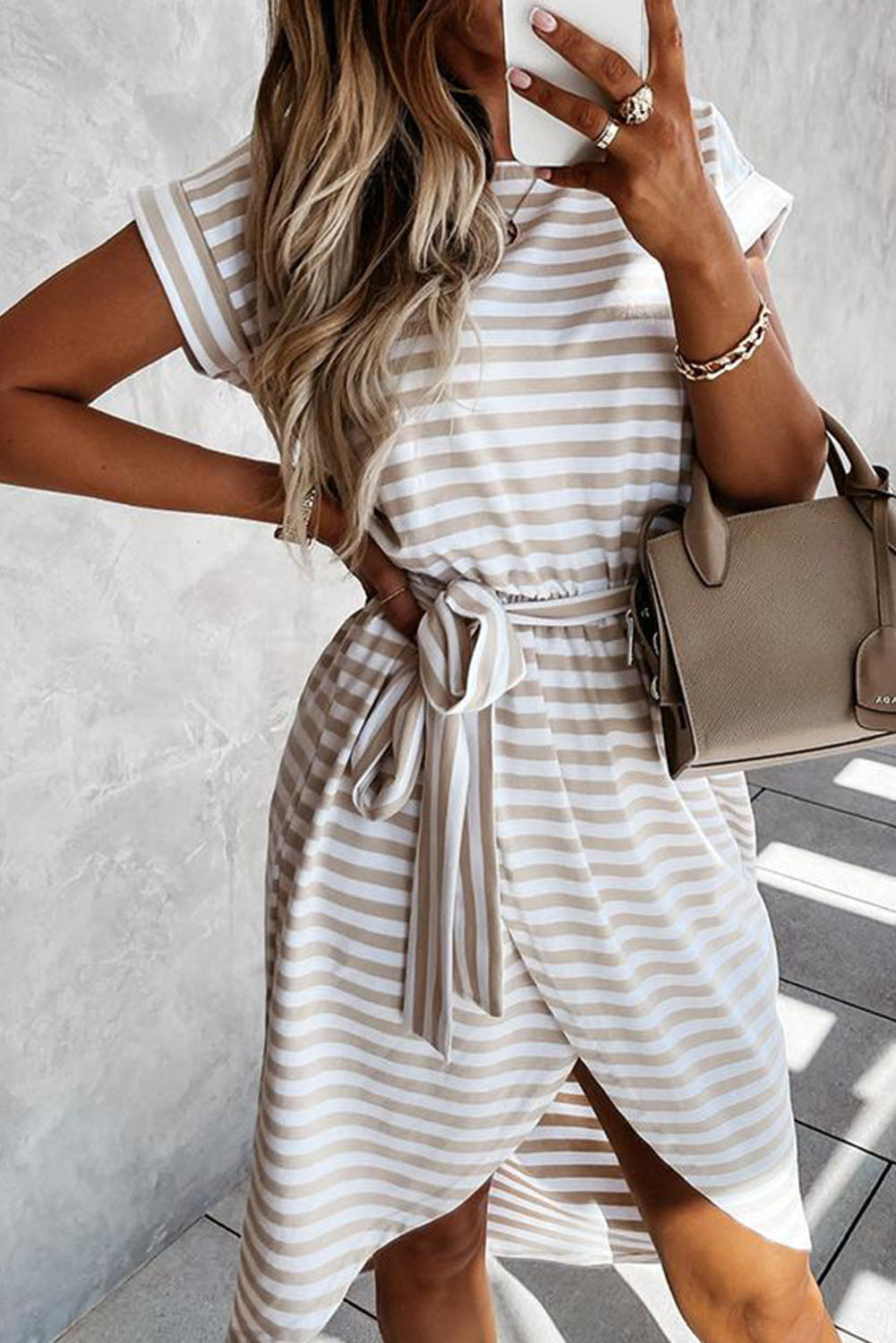 Khaki Stripe Belted Wrapped Hemline T Shirt Midi Dress