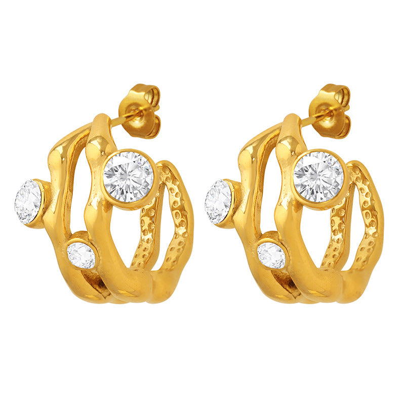 18K gold light luxury fashion C-shaped hollow inlaid zircon design simple wind earrings