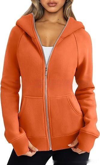 Women's Zipper Short Hood Fleece Lined Solid Color Hoodie Sweater