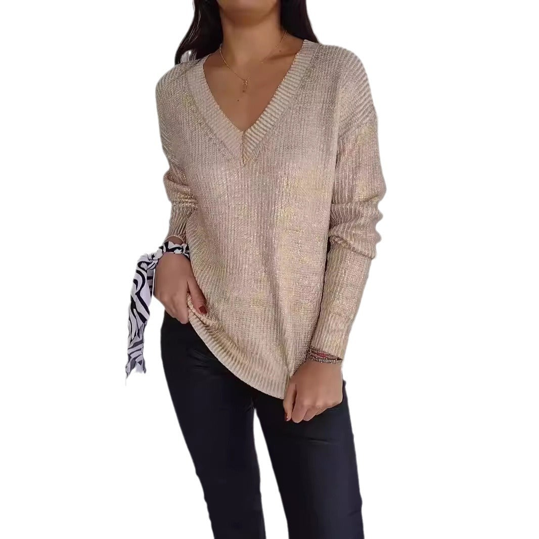 Women's Fashionable Knitted V-neck Bright Silk Pullover