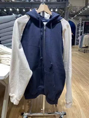 Navy Blue Beige Raglan Sleeve Multicolor Hoodie Coat